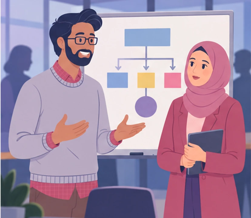 Karim introduces a new project to Amira beside a whiteboard with a simple diagram.