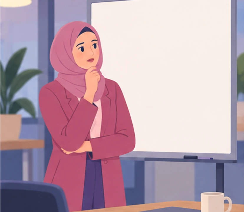 Amira stands thoughtfully beside an almost empty whiteboard, trying to identify the limits of her decision.
