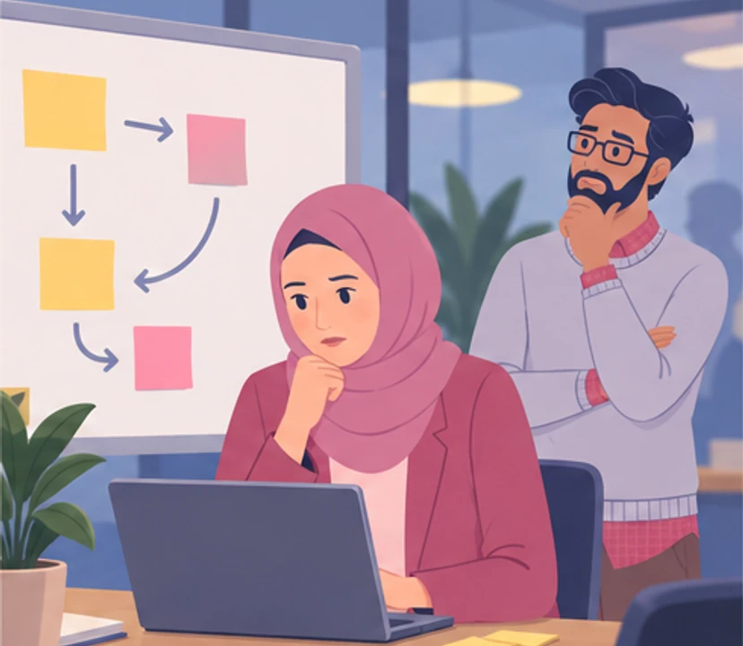 Amira carefully analyses dependencies at her laptop while a concerned Karim watches from the side.