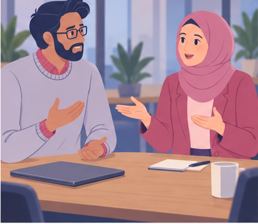Karim and Amira explain to each other at the table why the work did not move faster.