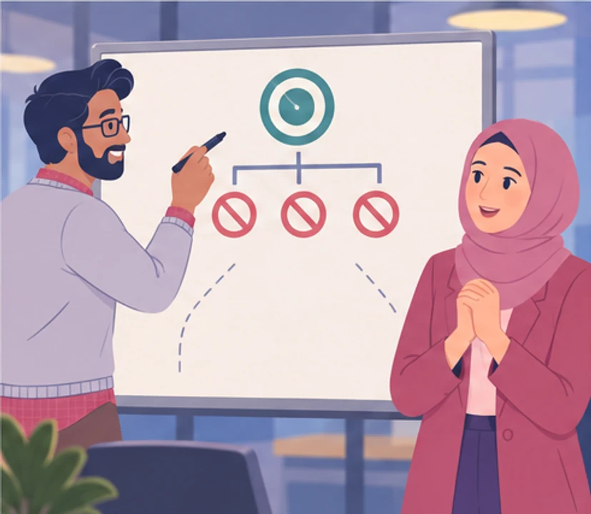 Karim marks a goal and three boundaries on the whiteboard while Amira reacts with visible relief.