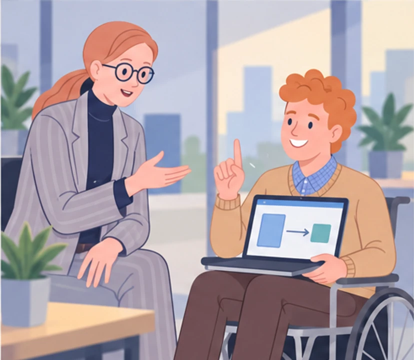 Anna asks Olek about a small test, and he shows a prototype on his laptop with renewed energy.