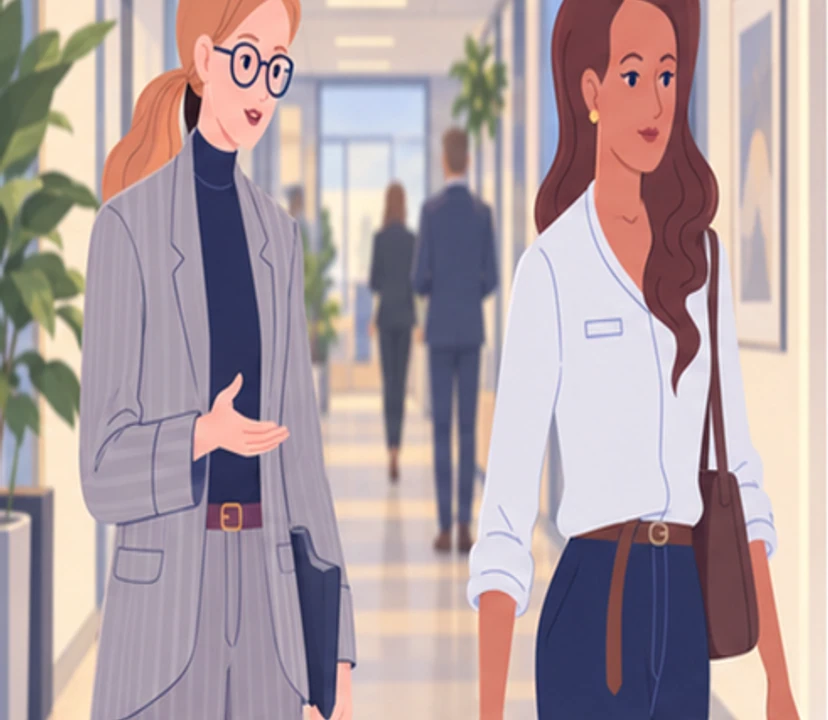 Anna greets Maja in an office corridor, but Maja walks past without eye contact or a reply.