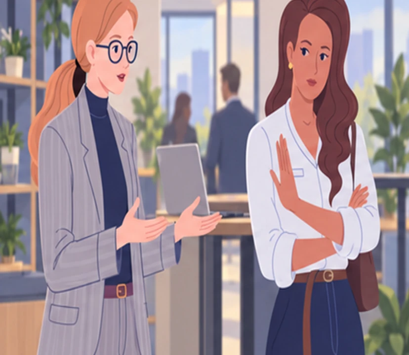 During another brief exchange, Maja adopts a guarded posture while Anna tries to understand her behaviour.