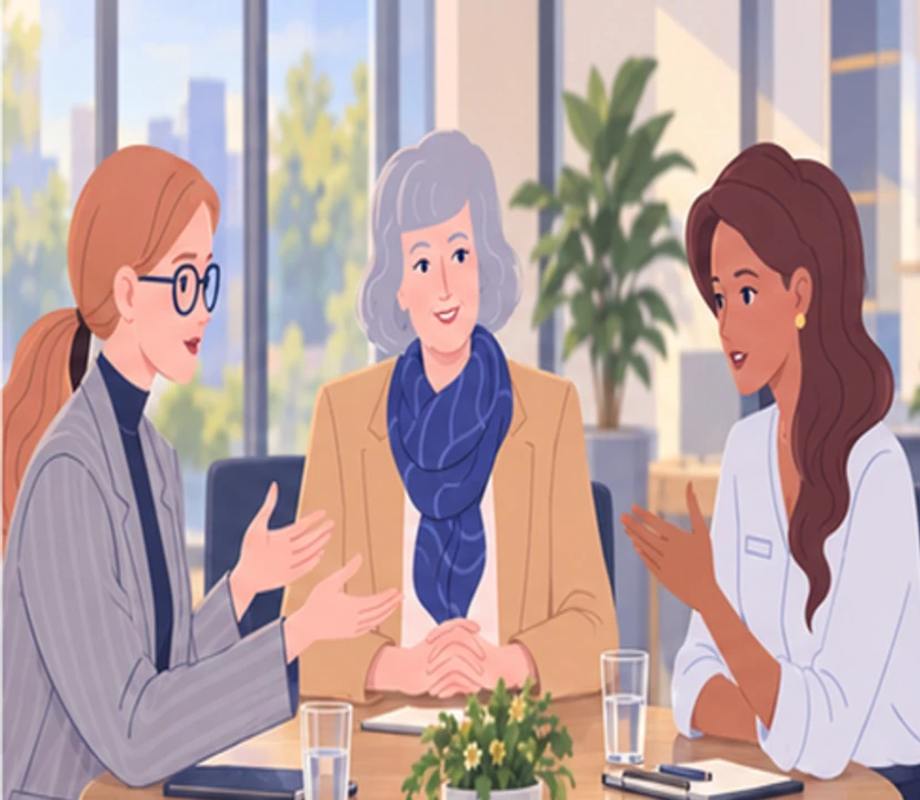 Helena facilitates a conversation between Anna and Maja at a round table, helping them name their different interpretations.
