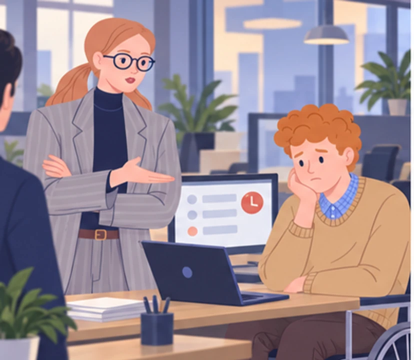Anna assesses a late task at Olek’s workstation while he sits in his wheelchair looking disappointed.