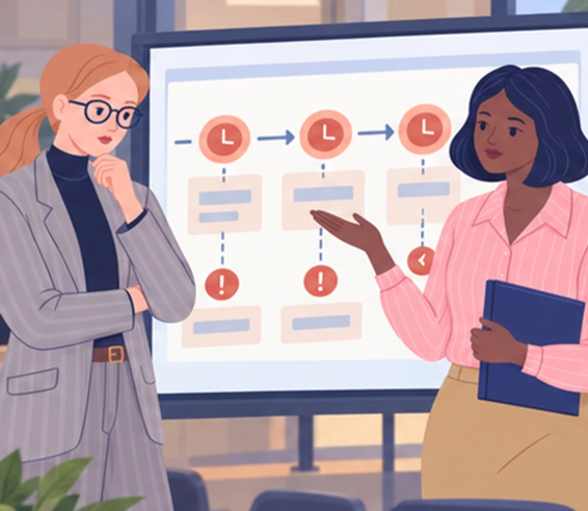 Nia shows Anna a chain of project delays and blockers on a screen.