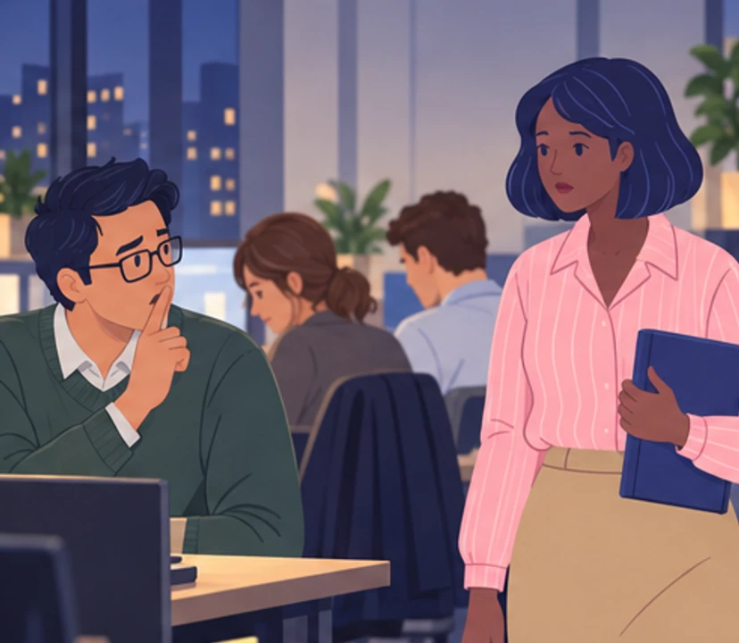 A worried colleague discreetly silences Nia while the others avoid eye contact.