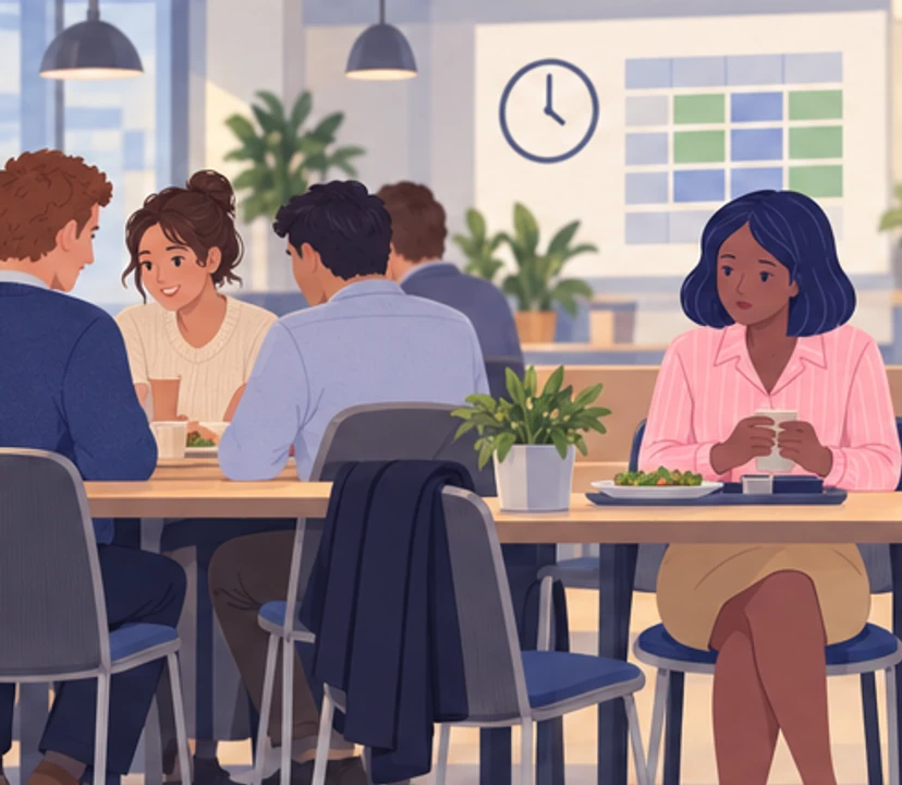 After the issue is resolved, Nia sits apart at lunch while part of the team keeps its distance.