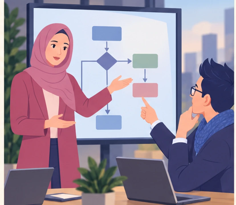 Amira presents a process model while Jonas points to a connection that he believes does not meet the assumptions.