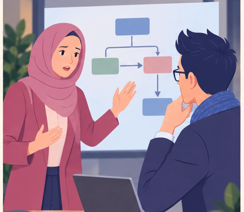 Amira responds defensively to Jonas during their discussion beside the process diagram.