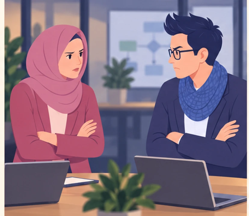 Amira and Jonas face each other tensely while the process model is left in the background.