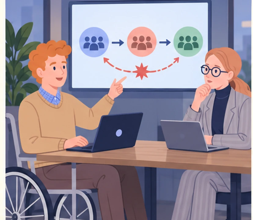 Olek, seated in his wheelchair, proposes a workshop while pointing to a recurring problem on a diagram.