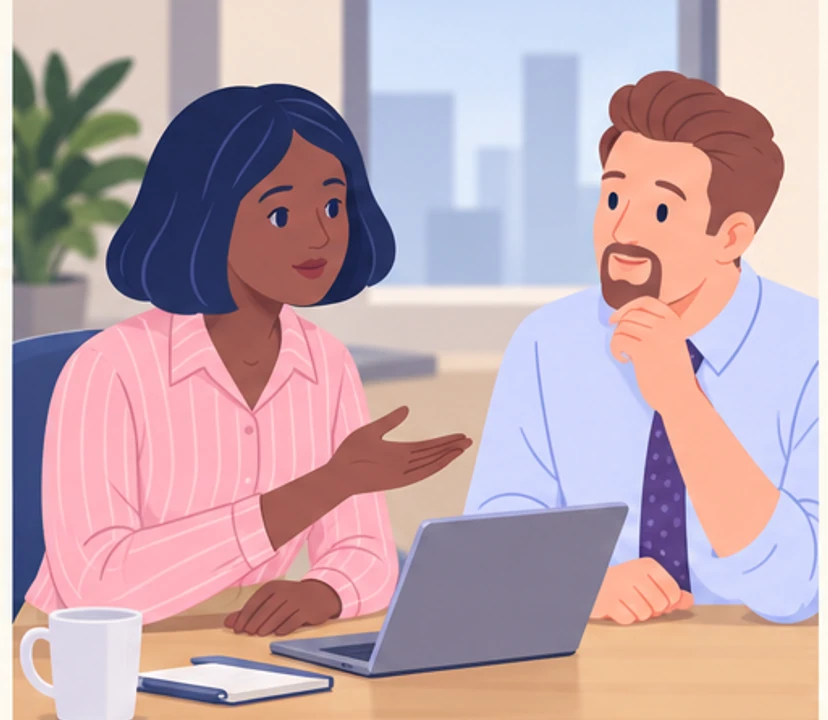 Nia and Marek calmly discuss different approaches to a minor client issue.