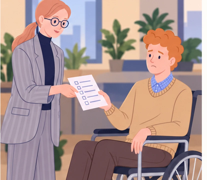 Anna gives the same checklist to Olek, seated in his wheelchair, who reacts uncertainly.