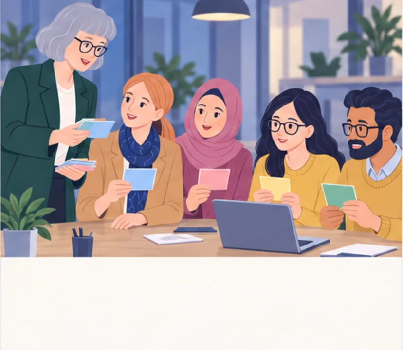 Anna, Helena, Amira, Maja, Tomasz in panel 1 of Five goals, one job.