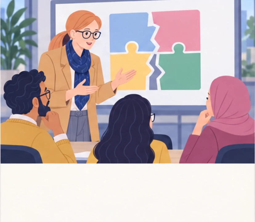 Anna, Helena, Amira, Maja, Tomasz in panel 2 of Five goals, one job.