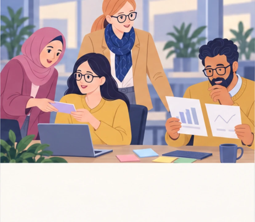 Anna, Helena, Amira, Maja, Tomasz in panel 3 of Five goals, one job.