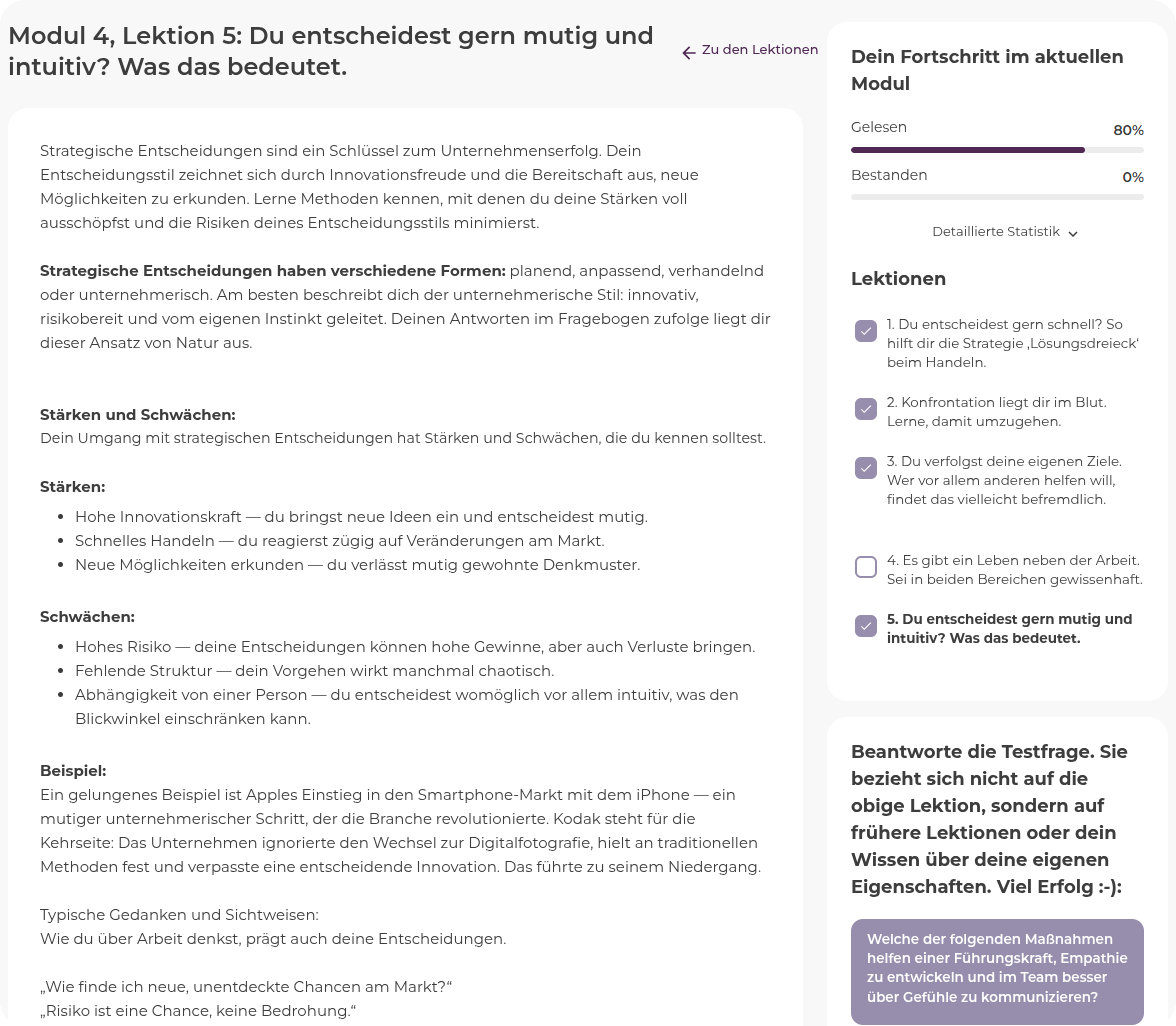Empatyzer: Mikrolektion zu mutigen, intuitiven strategischen Entscheidungen mit Lektionsliste und Testfrage.