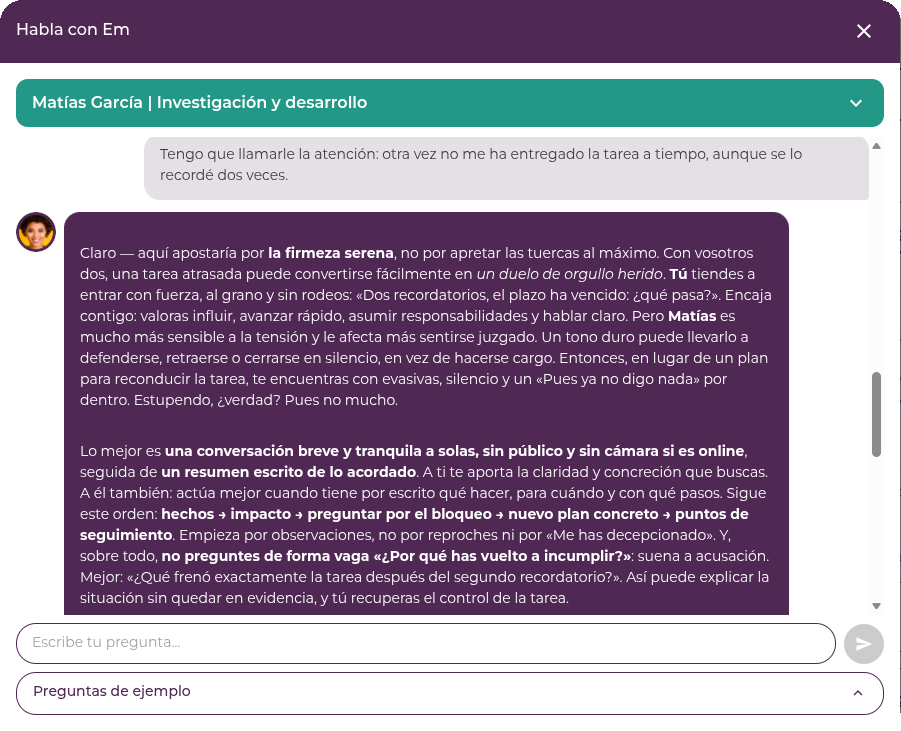 Pantalla de Empatyzer: Em ayuda a preparar una conversación tranquila sobre otro plazo incumplido.