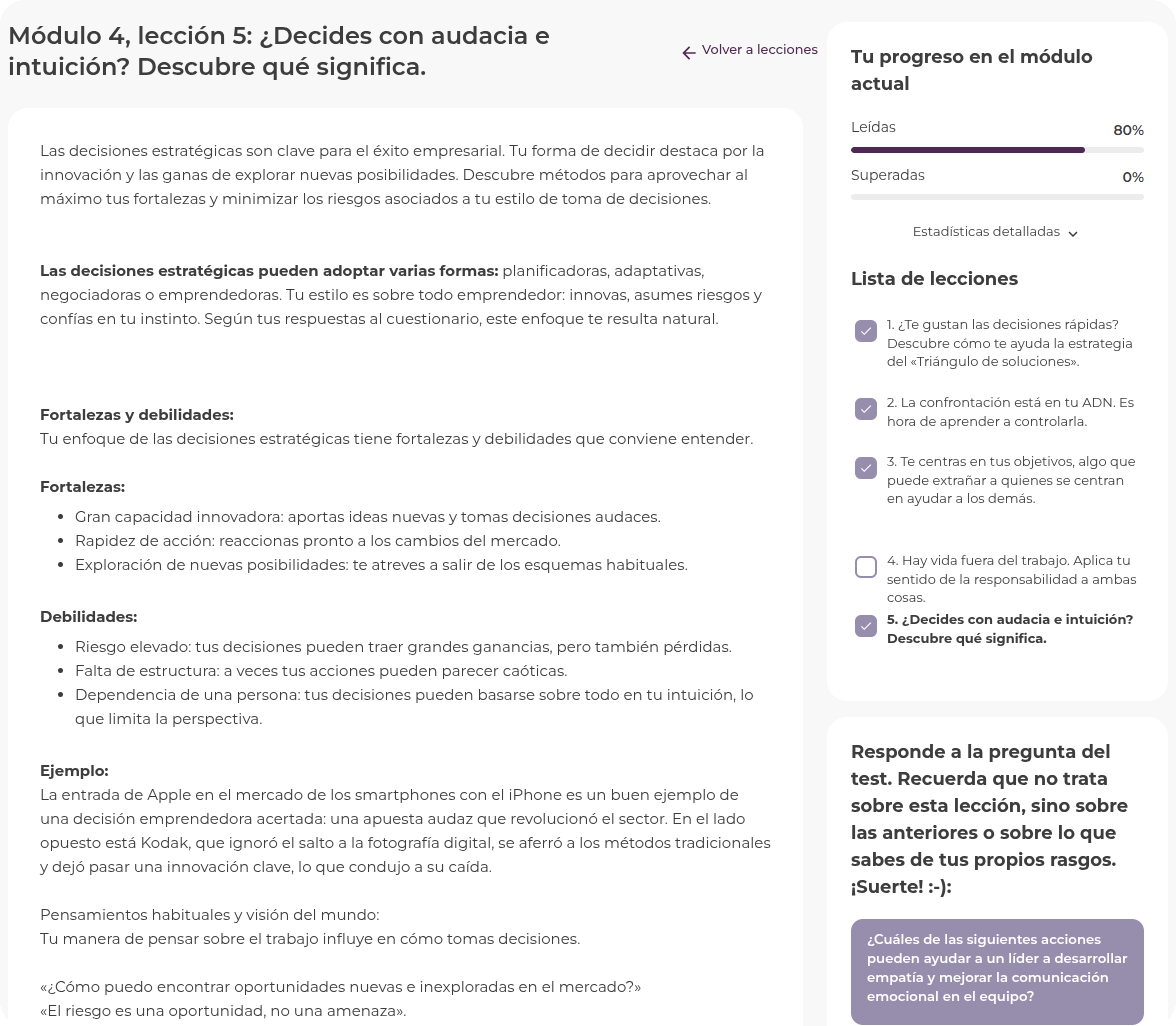 Pantalla de Empatyzer: microlección sobre decisiones estratégicas audaces e intuitivas, con lista de lecciones y pregunta de test.
