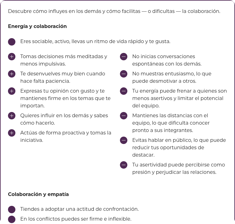 Pantalla de Empatyzer: perfil de energía, colaboración y empatía, y efecto de la conducta en el equipo.