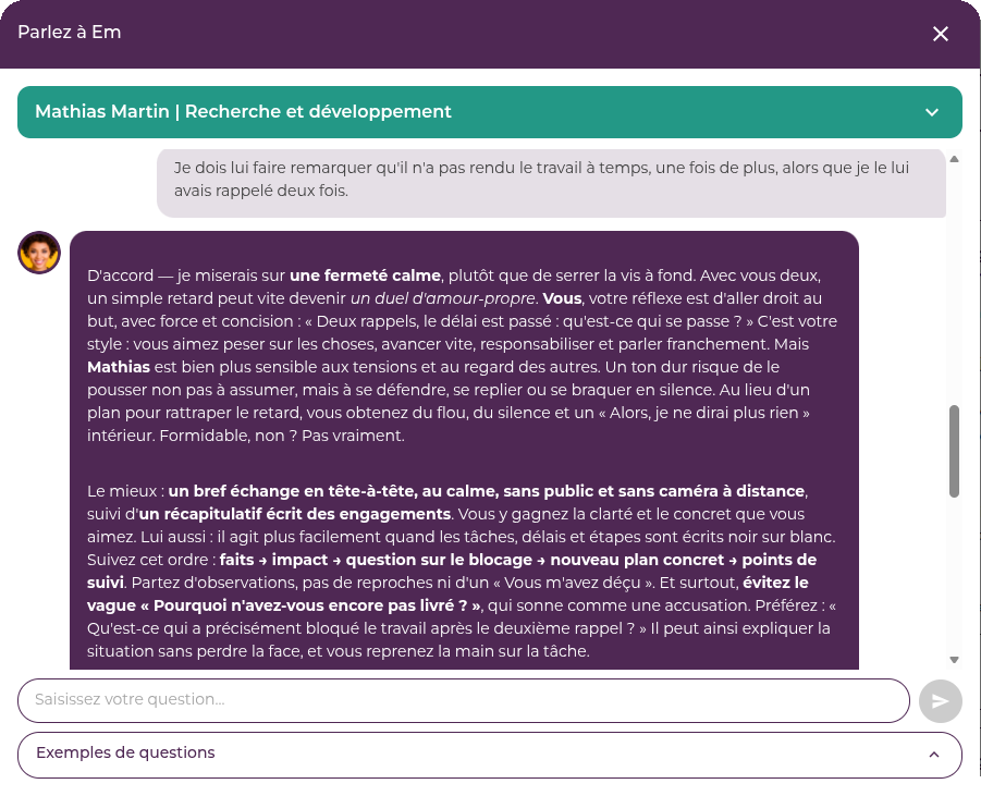 Écran Empatyzer : Em aide à préparer un échange calme au sujet d’un nouveau retard.