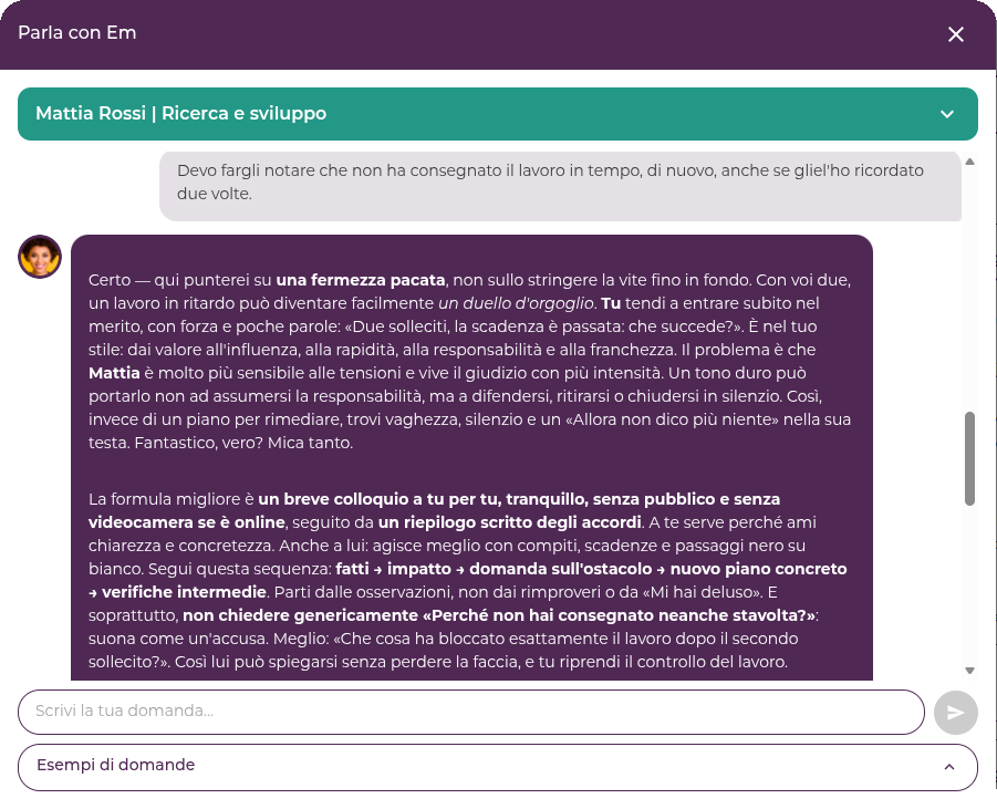 Schermata di Empatyzer: Em aiuta a preparare un colloquio tranquillo su una scadenza di nuovo non rispettata.