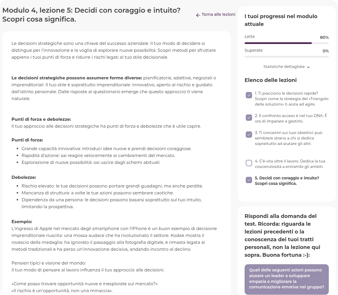 Schermata di Empatyzer: microlezione sulle decisioni strategiche coraggiose e intuitive, con elenco delle lezioni e domanda del test.