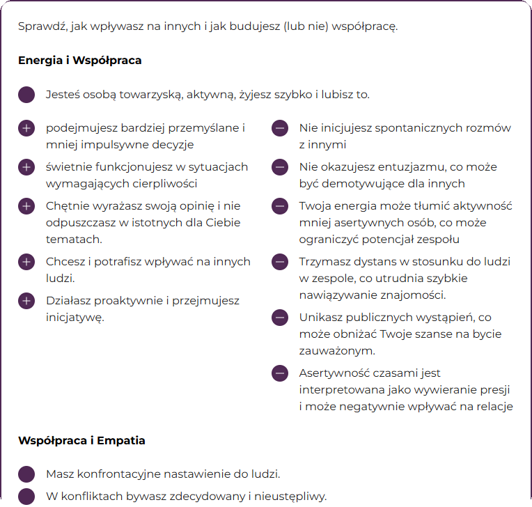 Ekran Empatyzera: diagnoza energii, współpracy i empatii oraz wpływu zachowań na zespół.